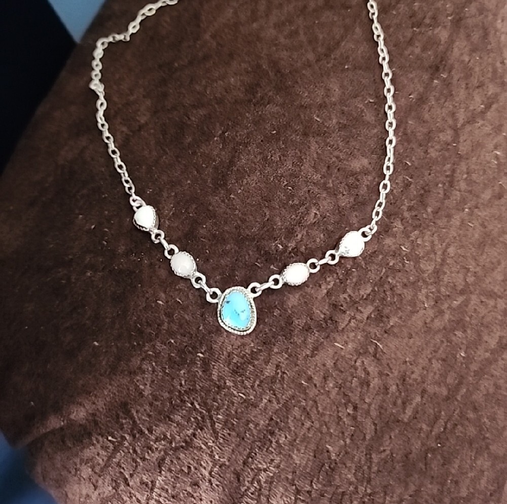 Sterling Silver Necklace with Blue Turquoise and Pink Opal & White Stone Accents - Picture 3 of 7